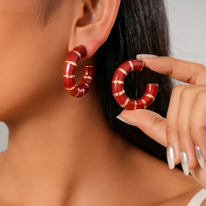 Vintage red enamel geometric C-shaped hoop earrings with elegant gold trim details