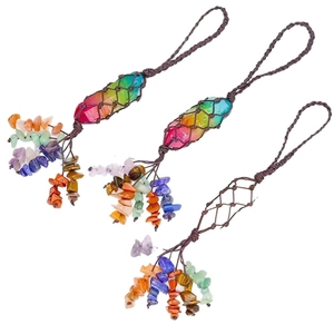 Handmade 7 chakra rainbow crystal wand hanging ornament with stone tassels and woven net