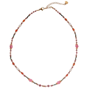 Irregular beaded necklace with pink crystal accents and golden heart charm clasp