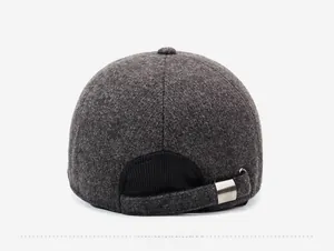 Rear view of winter wool baseball cap with adjustable metal strap and rib-knit trim