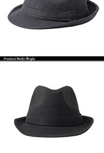 Multi-angle view of black and dark grey wool fedora hats with textured fabric finish