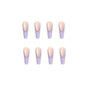 Long purple French tip coffin press-on nails set with natural nude base in glossy finish