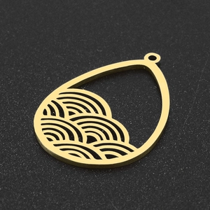 Detailed view of gold stainless steel teardrop pendant with wave hollow design