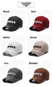 Close-up of vintage distressed baseball caps with FABLE embroidery in six various colors