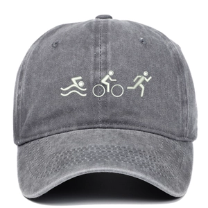 Unisex grey washed cotton baseball cap with embroidered triathlon sports icons