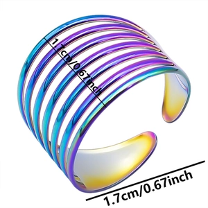 Detail of multi-layered rainbow gradient stainless steel open ring with 1.7cm width