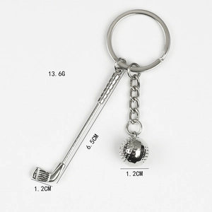 Silver metal golf club and ball keychain pendant with dimensions and weight specs