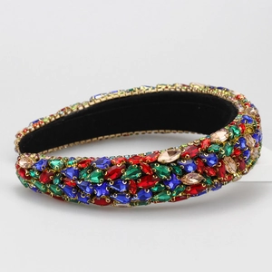 Macro detail of Baroque padded headband with multi-color rhinestones and velvet lining