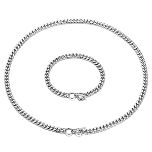 Silver stainless steel Cuban link necklace and bracelet set with toggle clasp detail