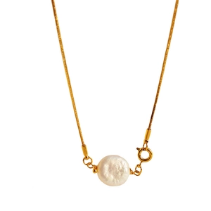 Minimalist gold chain necklace with a natural white round baroque pearl pendant