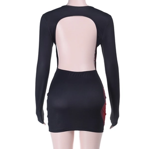 Detail view of the sexy backless design and red side stitching on black bodycon dress