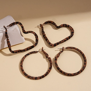 Leopard print fabric hoop earrings set with heart and round designs in vintage brown