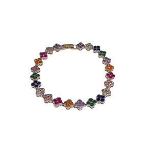 Minimalist silver clover bracelet with colorful zircon stones in rainbow floral design