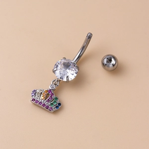 Silver stainless steel belly button ring with crown pendant and colorful zircon crystals