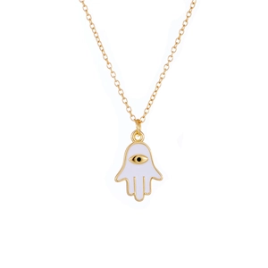Golden 18K gold-plated Hamsa Hand necklace with white enamel evil eye on white background