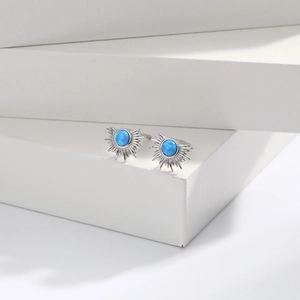 S925 sterling silver fan-shaped sunburst earrings with blue opal stone inlay