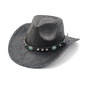 Classic black vintage cowboy hat with faux leather texture and turquoise stone band