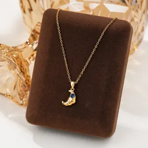 French Vintage 925 Sterling Silver Croissant Pendant Necklace For Women Blue Rhinestone Inlaid Gold Plated Choker Chain Jewelry