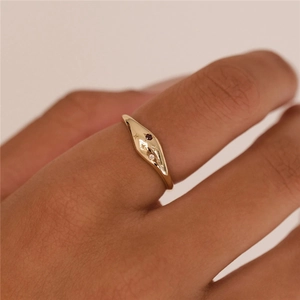 Macro detail of gold signet ring featuring a red gemstone and star engraved accents