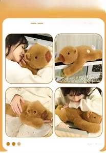 Soft capybara plush pillow shown in various cozy cuddling scenes with a female model