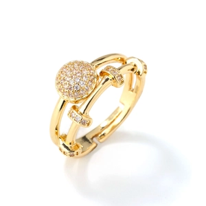 Adjustable gold double-layer open ring with sparkling pavé cubic zirconia accents