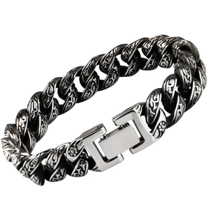 Retro engraved cuban link bracelet for men in vintage silver finish on white background