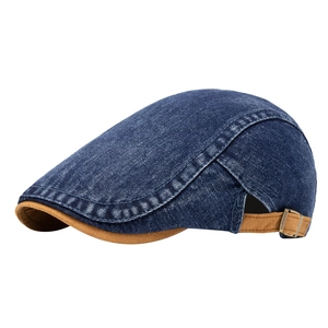 Washed dark blue denim beret hat with contrasting brown brim and adjustable metal buckle