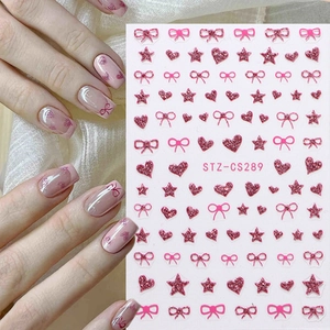 Pink glitter nail stickers with French heart and star designs for DIY manicure art