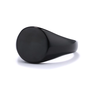 Detailed side view of polished black stainless steel signet ring for unisex style