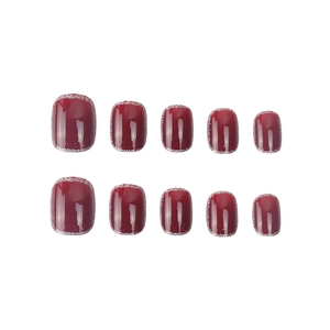 Deep red press-on nails with silver glitter tips in square round shape, set of 10 pieces