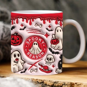 Detailed view of ceramic Halloween mug featuring Spooky Season relief and pumpkin patterns