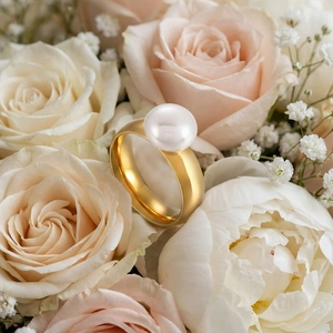 18k gold plated titanium steel pearl ring set in elegant blooming roses display