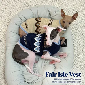 Fair Isle pattern knit vest for dogs in beige and navy blue, sleeveless winter warm pet sweater