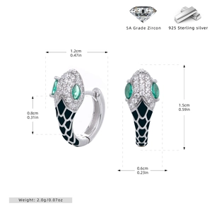 Detail of 925 sterling silver snake earrings with 5A zircon and black enamel scales