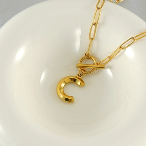 Gold 18K stainless steel paperclip chain necklace with letter C pendant and OT clasp