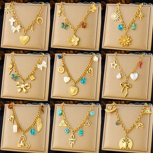 Stainless Steel Charm Necklace Multi Pendant Heart Cross Evil Eye Egyptian Style Retro Gold Plated Jewelry For Women
