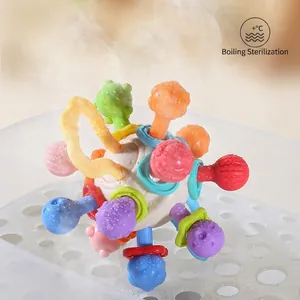 Colorful Manhattan ball baby teether with various textures and water droplets for steam cleaning