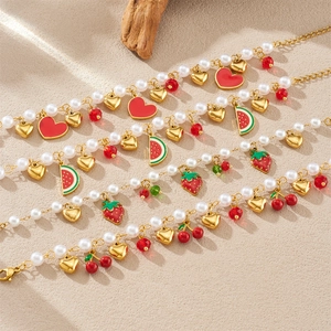 Stainless Steel Faux Artificial Pearl Bracelet Gold Plated Fruit Strawberry Cherry Watermelon Heart Pendant Sweet Fashion Jewelry For Women