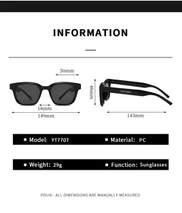 Detailed size chart for square sunglasses showing lens width 50mm and frame width 149mm