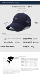 Guide des tailles pour casquette de baseball en mesh avec tour de tête de 56-60 cm