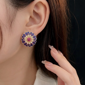 Vintage floral drop earrings with purple enamel, pearls and magenta stones in gold finish
