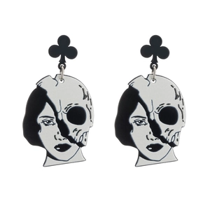 Halloween acrylic earrings with spade stud and split face skull design for women