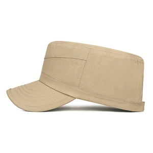 Quick-dry khaki flat top army cap with breathable fabric and reinforced brim stitching