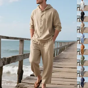 Men Casual Linen Blend Hooded Long Sleeve Shirt And Drawstring Long Pants Beach Vacation Loose Fit Fashionable Comfortable Outfit