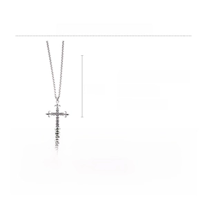 Silver long cross necklace with rhinestones detailing dimensions of 77cm by 4.5cm