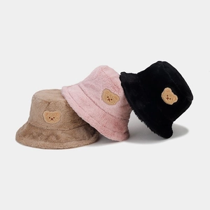 Winter plush bucket hats for women in brown pink and black with cute bear patch