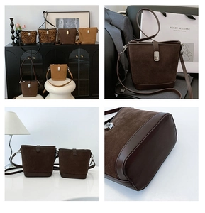 Detail view of vintage bucket bag featuring premium suede texture and sturdy bottom structure