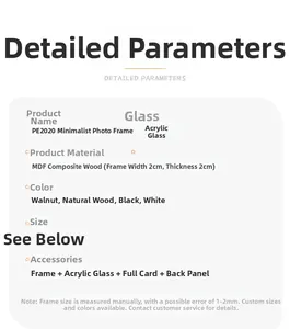 Specifications of MDF wood frame featuring 2cm border width and organic glass details