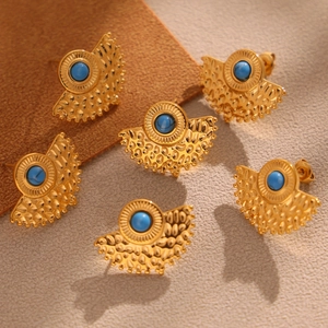 Bohemian peacock fan turquoise stud earrings in gold stainless steel with hammered texture
