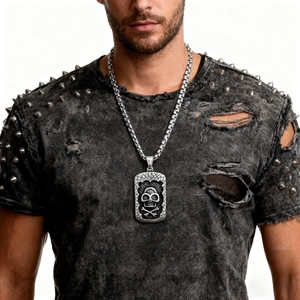 Men Stainless Steel Skull Pendant Necklace Vintage Punk Hip Hop Gothic Square Tag Rock Jewelry Accessory Gift